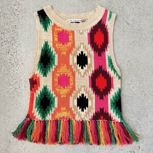 ALICE + OLIVIA Reva Print Fringe Peplum Multi-Color Tank Top